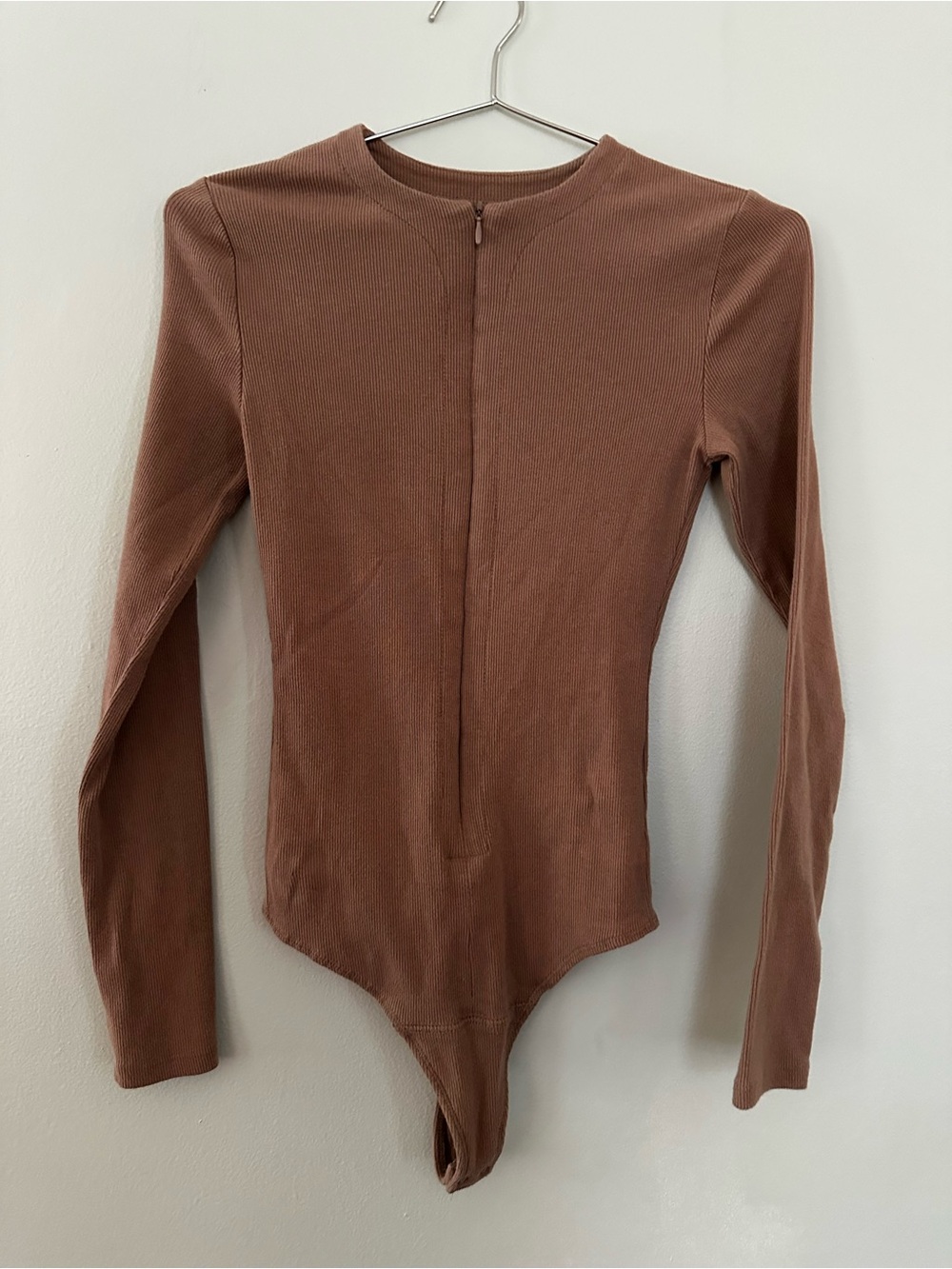 Abercrombie & Fitch Brown Ribbed Zip Front Bodysuit S